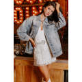 Dusk Blue Rhinestone Embellished Flap Pocket Denim Jacket