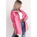Pink Solid Color Pocketed Button up Long Sleeve Shacket