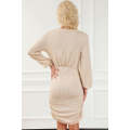 Apricot Tactile Texture Ruched Side Bubble Sleeve Knit Dress