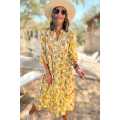 Yellow Boho Floral Collared Long Sleeve Ruffled Dress