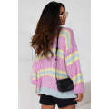 Pink Contrast Striped Open Front Cable Cardigan