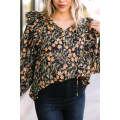 Black Plus Size Split Neck Ruffled Bubble Sleeve Floral Blouse