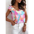 Multicolor Pastel Geometric Print V-Neck Pleated Cap Sleeve Top