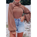 Brown Corded One Shoulder Tank with Puff Sleeve Bolero Set
