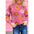 Pink Sweet Flower Knitted Ribbed Hem Sweater
