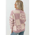 Orchid Petal Checkered Floral Print Striped Sleeve Sweater