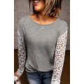 Gray Lace Splicing Long Sleeve Top