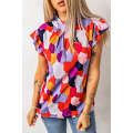 Red Ruffle Cap Sleeve Frill Mock Neck Printed Top