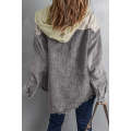 Gray Color Block Button Down Hooded Corduroy Jacket