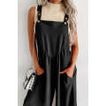 Black Textured Buttoned Straps Ruched Wide Leg Jumpsuit