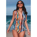 Multicolor Picasso Print Halter Neck Ruched One-Piece Swimsuit