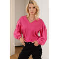 Rose Waffle Knit Balloon Sleeve Splicing V Neck Top