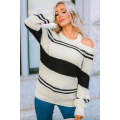 Black Striped Cold Shoulder Knit Sweater