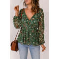 Green Floral Print Wrap V Neck Peplum Top