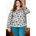 Gray Printed Leopard Balloon Sleeve Thermal Knit Plus Size Top
