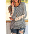 Black Stripe Lace Crochet Long Sleeve Top