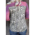 Rose Tie Dye Leopard Patchwork Pocket V Neck Top