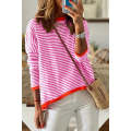 Pink Contrast Trimmed Striped Drop Shoulder Sweater