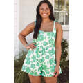 Green Flower Print Knotted Straps Square Neck Romper