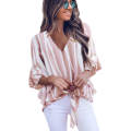 Pink Vertical Stripes V Neck 3/4 Sleeve Blouse