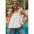 White Aztec Embroidered Square Neck Ruffle Tank Top
