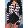 Floral Striped Patchwork Rashguard One-piece Swimsuit