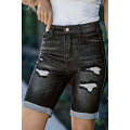 Black Roll-up Distressed Bermuda Denim Shorts