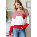 Fiery Red Valentine\'s Day Sequin Heart Striped Colorblock Top