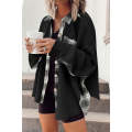 Black Plaid Patchwork Waffle Thermal Knit Shacket