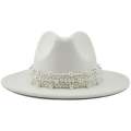 Wide Brim Fedora Panama Hat with Pearls for Men and Women-white