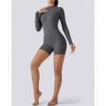 Long Sleeve Half Zipper Bodycon Jumpsuit Shorts - Grey