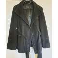 100% virgin wool black, belted jacket with faux leather detail - M / Black / Basler