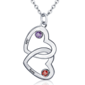 CNE101325 - Sterling Silver Personalized Couples Names & Birthstones Entwined Hearts Necklace