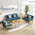 Nordic Sofa Set Solid Wood 4PC - 6 Seater Soft Simple Living Room Wooden Sofa Inc Table - Blue