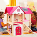 Kids Wooden Doll House with Doll Room Furniture Toys