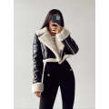 Women's Leather Thicken Cropped Jacket - Winter Warmth with Front Zipper, Lapel, and Long Sleeves...