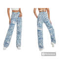 High-Waist Denim Pants with Blue Swirl Print  Stylish Wavy Ripple Graphic, Zipper Button Closu...