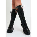Ladies Black Pu Faux Leather Contrast  Detailing Knee High Boots