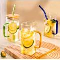 Glass Drinking Mug 350ml Square with Bamboo Lid & Borosilicate Straw