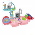 Toddler Kitchen Pretend Dishwashing Sink Set with Dishes Toy - Pink