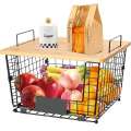 Metal Kitchen Counter Basket Organiser With Bamboo Top