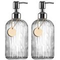 2 Pack Glass Soap Dispenser Clear Refillable Stainless Steel Pump &Tags