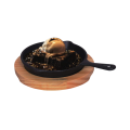 Cast Iron Pan - Mini Round Sizzler Cast Iron Pan Platter Hot Serving Plate with Wood Serving Board