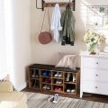Bench Shoe Rack - Rustic Brown Entryway 10 Cubbies Bench Compartments Shoe Rack with Cushion