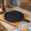 Cast Iron Pan - Sizzling Plate Cast Iron Skillet Round Pan with Handle and Wooden Base Board