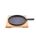 Cast Iron Pan - Sizzling Plate Cast Iron Skillet Round Pan with Handle and Wooden Base Board