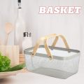 Multi-Functional Large Mesh Storage Basket With A Wooden Handle Grey