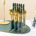 ZS - 24pcs Gold Dinnerware Flatware Set with Marbled Ceramic Handle & Holder - Emerald Green