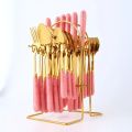 ZS - 24pcs Gold Dinnerware Flatware Set with Marbled Ceramic Handle & Holder - Pink