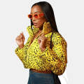 Down Cropped Puffer Jacket Women Leopard Print Yellow
